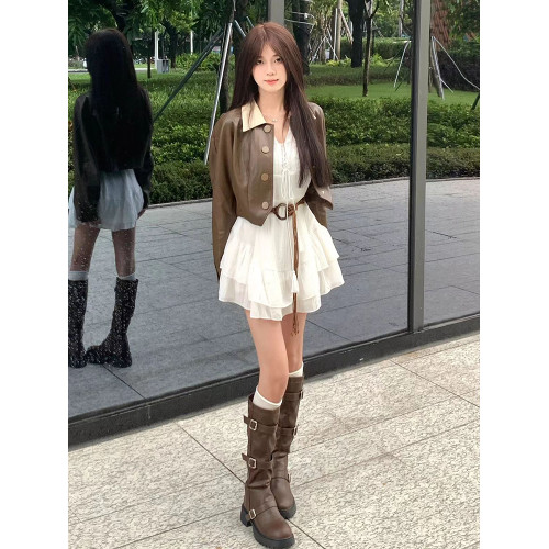 牛皮版~美拉德風棕色靴子女夏季厚底長筒靴2026年新款高筒騎士靴