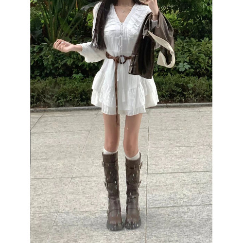 牛皮版~美拉德風棕色靴子女夏季厚底長筒靴2026年新款高筒騎士靴