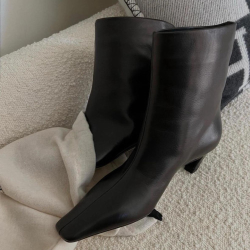 羊皮版~老錢風氣質尖頭套腳貓跟短靴真皮秋冬新款百搭高跟裸靴女