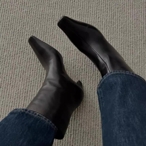 羊皮版~老錢風氣質尖頭套腳貓跟短靴真皮秋冬新款百搭高跟裸靴女