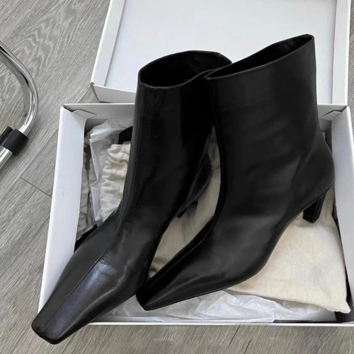 羊皮版~老錢風氣質尖頭套腳貓跟短靴真皮秋冬新款百搭高跟裸靴女