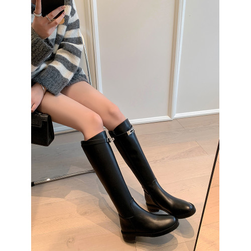 2025新款秋冬騎士靴女高筒中跟真皮靴子女長筒靴小個子粗跟長靴女