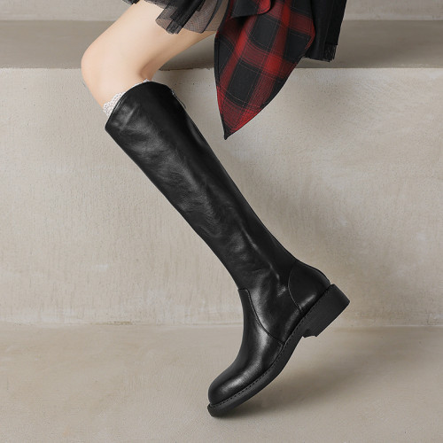 棕色平底V口靴子長筒靴女2026新款秋冬真皮顯瘦高筒騎士靴女低跟