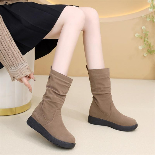 2025秋冬新款加絨保暖雪地靴女不過膝防滑磨砂堆堆中筒靴馬丁靴子