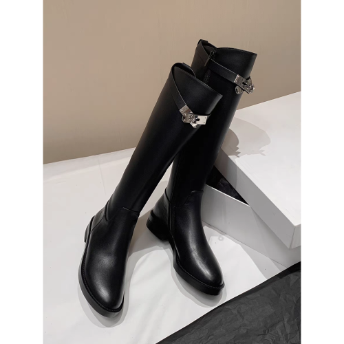 貴裡貴氣～法式復古英倫風鎖釦長筒靴女冬2025新款真皮高筒