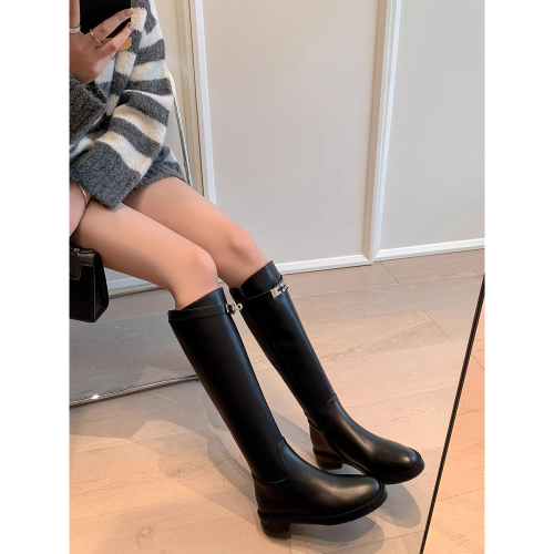 貴裡貴氣～法式復古英倫風鎖釦長筒靴女冬2025新款真皮高筒