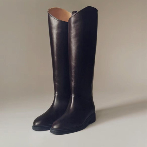 原單L靴子2023新款真皮不規則斜口厚底騎士靴女圓頭過膝長靴