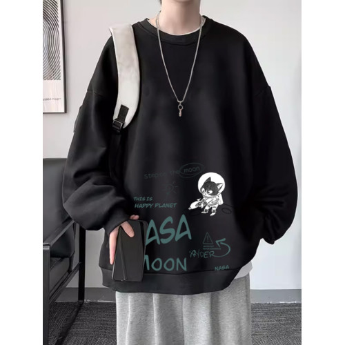 加絨圓領衛衣男秋冬新款長袖t恤美式上衣寬鬆oversize外套寬鬆潮