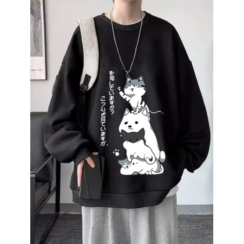 加絨圓領衛衣男秋冬新款長袖t恤美式上衣寬鬆oversize外套寬鬆潮