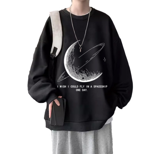 加絨圓領衛衣男秋冬新款長袖t恤美式上衣寬鬆oversize外套寬鬆潮