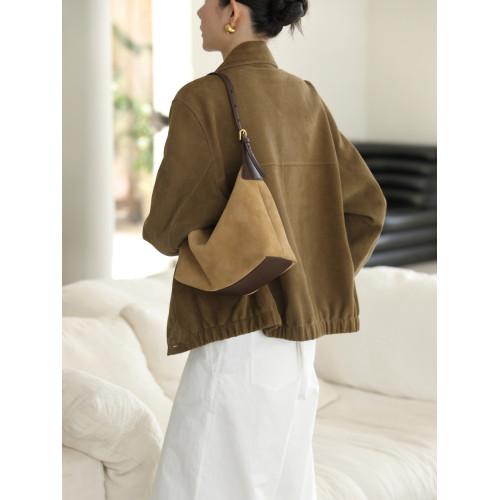 2025秋季新款反絨磨砂牛皮單肩斜背女包高品質休閒復古腋下hobo包