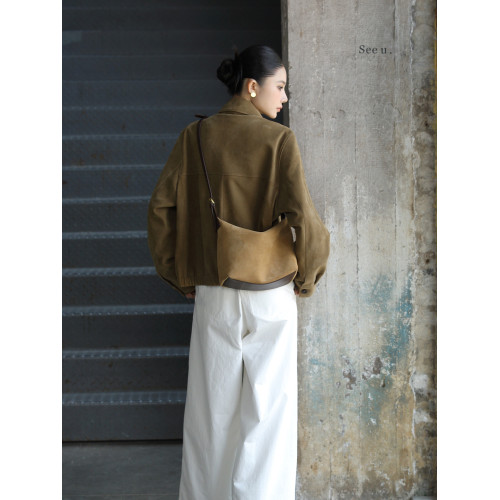 2025秋季新款反絨磨砂牛皮單肩斜背女包高品質休閒復古腋下hobo包