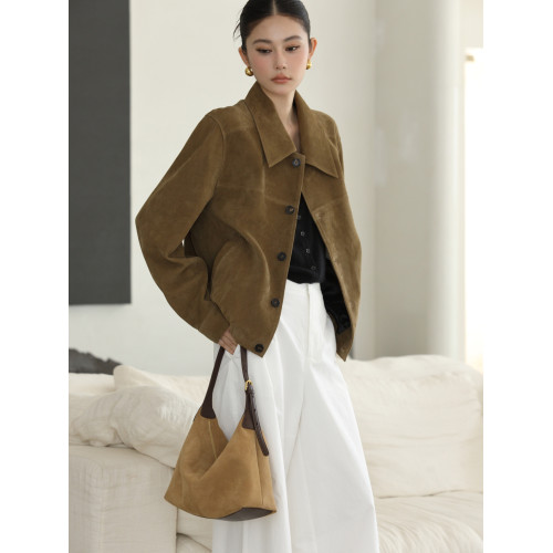 2025秋季新款反絨磨砂牛皮單肩斜背女包高品質休閒復古腋下hobo包