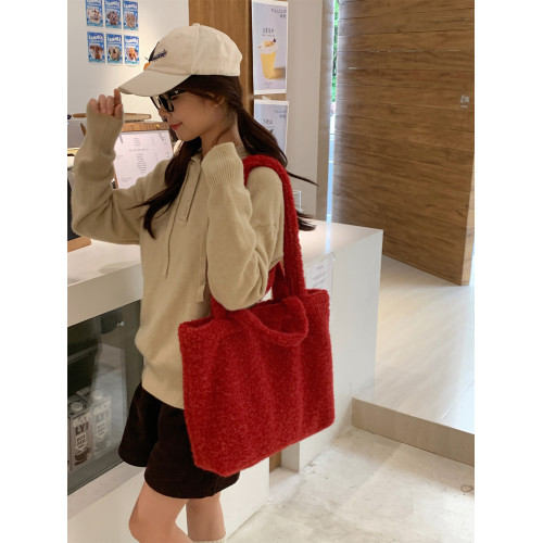 2026秋冬新款韓版毛絨軟糯單肩包腋下包大容量兩用通勤手提托特包