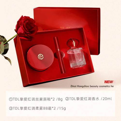 TDL摯愛紅調美妝套盒隱匿毛孔氣墊自然淡香香水不沾杯脣釉三件套