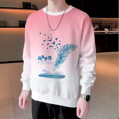 漸變色衛衣春秋季2024新款男士長袖t恤男生潮牌潮流圓領打底衫男