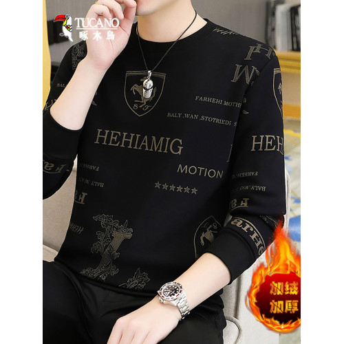 啄木鳥加絨加厚衛衣男士打底衫圓領秋冬季長袖t恤男裝體恤時尚潮T