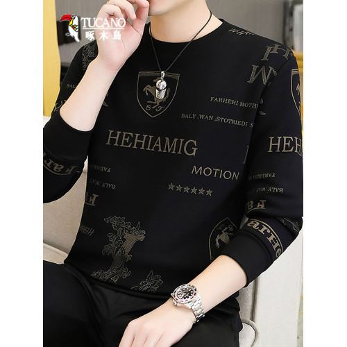 啄木鳥加絨加厚衛衣男士打底衫圓領秋冬季長袖t恤男裝體恤時尚潮T