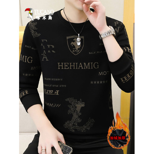 啄木鳥加絨加厚衛衣男士打底衫圓領秋冬季長袖t恤男裝體恤時尚潮T