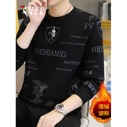 啄木鳥加絨加厚衛衣男士打底衫圓領秋冬季長袖t恤男裝體恤時尚潮T