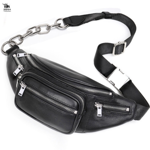 新款韓版真皮羊皮胸包鏈條斜背時尚休閒牛皮腰包女潮ins個性柔軟