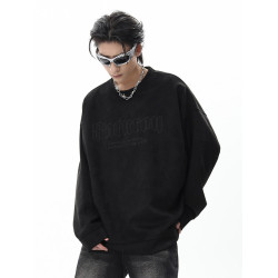 潮街區美式寬鬆麂皮絨長袖圓領衛衣男春秋潮牌oversize刺綉套頭衫