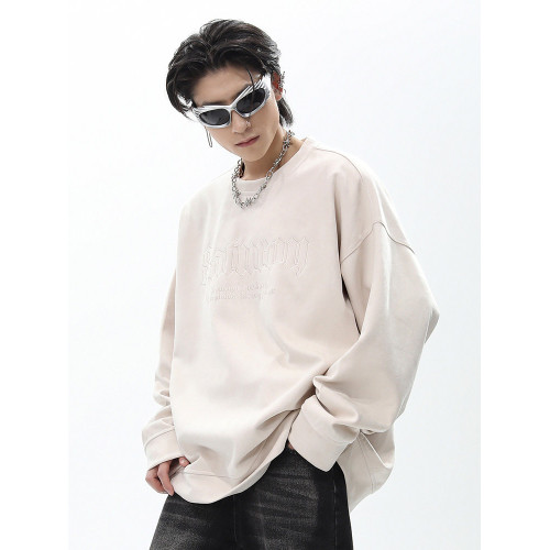 潮街區美式寬鬆麂皮絨長袖圓領衛衣男春秋潮牌oversize刺綉套頭衫