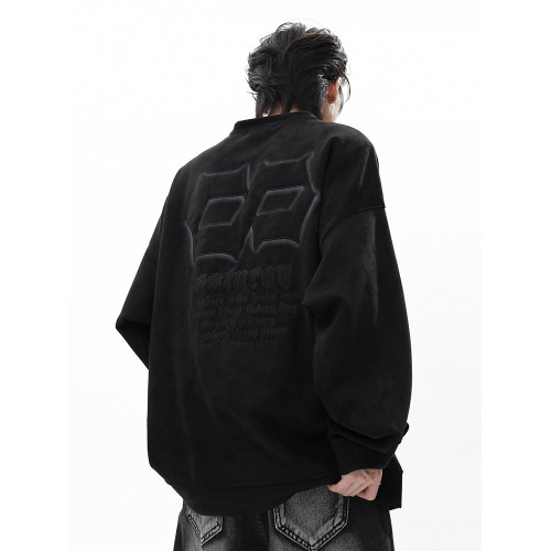 潮街區美式寬鬆麂皮絨長袖圓領衛衣男春秋潮牌oversize刺綉套頭衫