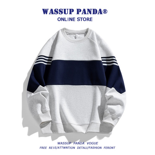 WASSUP PANDA美式拼接撞色圓領衛衣男春秋潮牌寬鬆休閒長袖上衣 WASSUP PANDA美式拼接撞色圓領衛衣男春秋潮牌寬鬆休閒長袖上衣