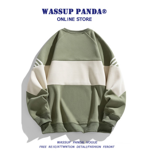 WASSUP PANDA美式拼接撞色圓領衛衣男春秋潮牌寬鬆休閒長袖上衣 WASSUP PANDA美式拼接撞色圓領衛衣男春秋潮牌寬鬆休閒長袖上衣
