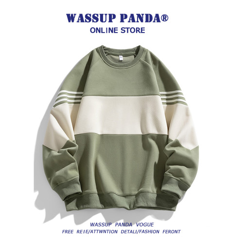 WASSUP PANDA美式拼接撞色圓領衛衣男春秋潮牌寬鬆休閒長袖上衣 WASSUP PANDA美式拼接撞色圓領衛衣男春秋潮牌寬鬆休閒長袖上衣