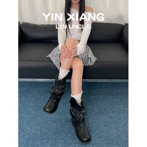 牛皮版~厚底粗跟褲琯小短靴女2025小衆設計鉚釘騎士靴百搭馬丁靴 牛皮版~厚底粗跟褲琯小短靴女2025小衆設計鉚釘騎士靴百搭馬丁靴