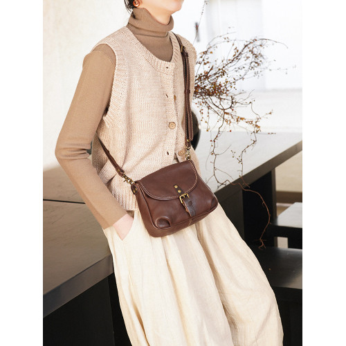 轉山真皮馬鞍包新款女包潮時尚百搭復古植鞣牛皮文藝包單肩斜後後背包