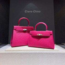 2026新款二代凱莉包高級手提包百搭單肩斜後後背包鎖釦包女鴕鳥紋玫紅