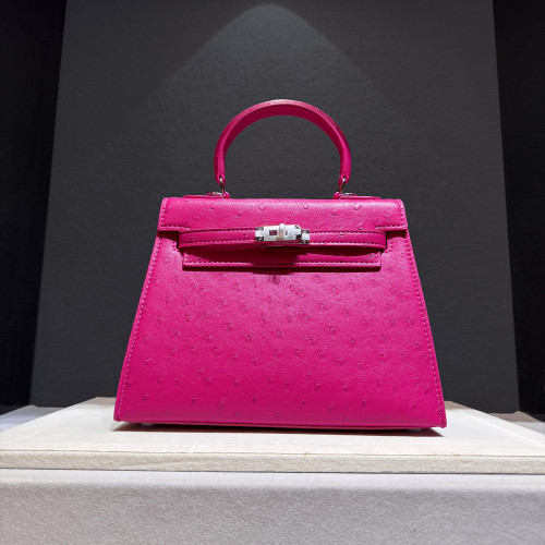 2026新款二代凱莉包高級手提包百搭單肩斜後後背包鎖釦包女鴕鳥紋玫紅