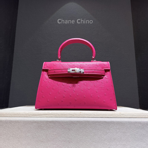 2026新款二代凱莉包高級手提包百搭單肩斜後後背包鎖釦包女鴕鳥紋玫紅