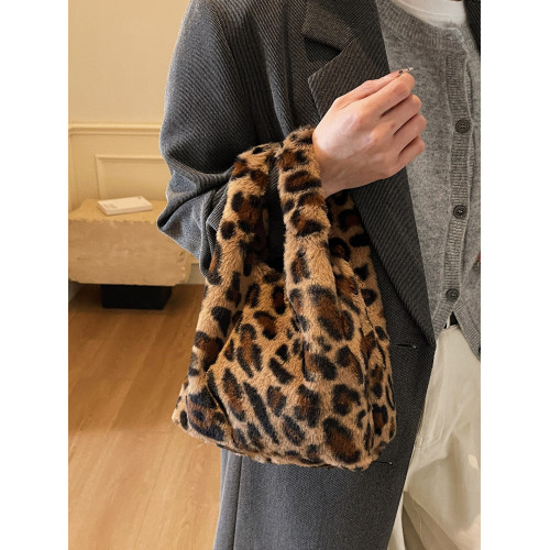 豹紋毛茸茸水桶包女時尚個性小衆日韓風手提包錢包口紅收納包秋冬