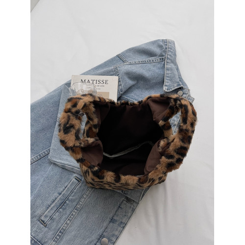 豹紋毛茸茸水桶包女時尚個性小衆日韓風手提包錢包口紅收納包秋冬