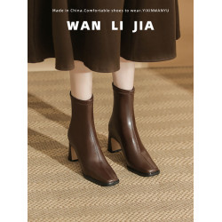 法式美拉德粗跟短靴女2026秋冬新款氣質棕色方頭瘦瘦靴高跟馬丁靴