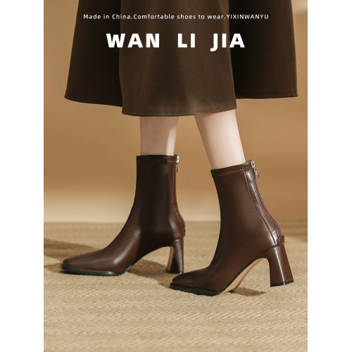 法式美拉德粗跟短靴女2026秋冬新款氣質棕色方頭瘦瘦靴高跟馬丁靴