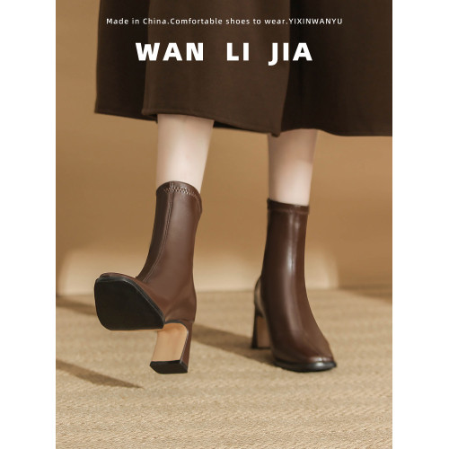 法式美拉德粗跟短靴女2026秋冬新款氣質棕色方頭瘦瘦靴高跟馬丁靴