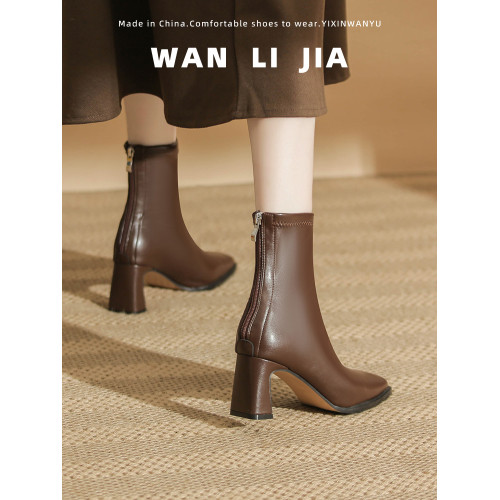 法式美拉德粗跟短靴女2026秋冬新款氣質棕色方頭瘦瘦靴高跟馬丁靴