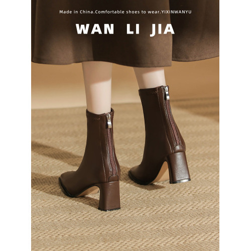 法式美拉德粗跟短靴女2026秋冬新款氣質棕色方頭瘦瘦靴高跟馬丁靴