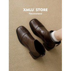 軟牛皮~粗跟短靴女2025新款秋冬復古風方頭瘦瘦靴百搭小個子踝靴