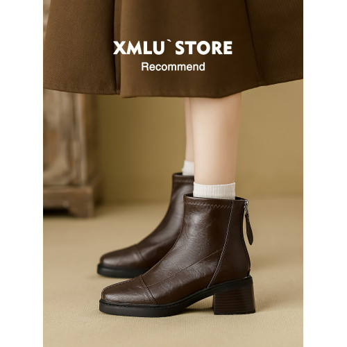 軟牛皮~粗跟短靴女2025新款秋冬復古風方頭瘦瘦靴百搭小個子踝靴