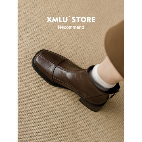 軟牛皮~粗跟短靴女2025新款秋冬復古風方頭瘦瘦靴百搭小個子踝靴