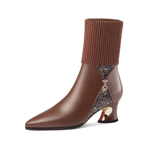 品牌特價2025秋冬新款真皮毛線靴子女中跟中筒靴粗跟棕色針織女靴