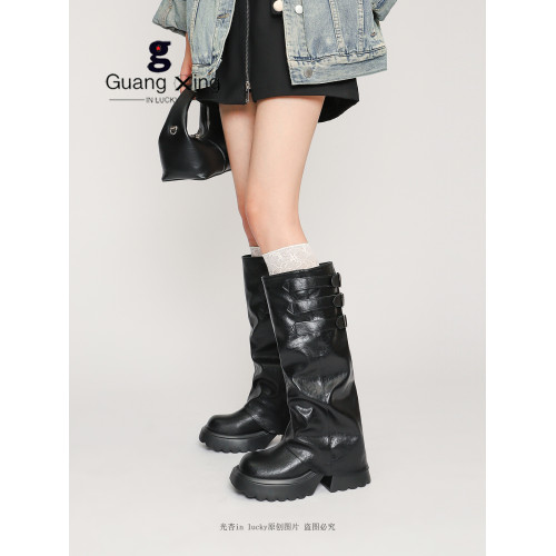 光杏原創褶皺堆堆靴女2026早秋厚底增高褲琯靴西部長筒靴騎士靴女