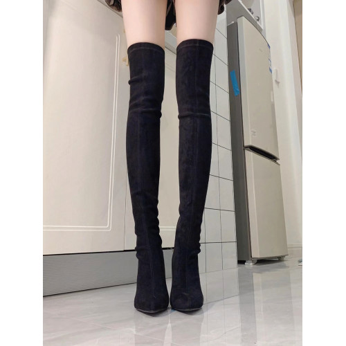 尖頭高跟長靴女2023年秋冬新款絨面粗跟過膝高筒靴襪子彈力瘦瘦靴