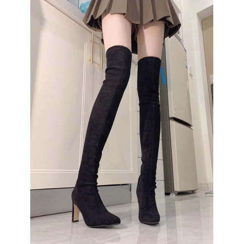 尖頭高跟長靴女2023年秋冬新款絨面粗跟過膝高筒靴襪子彈力瘦瘦靴